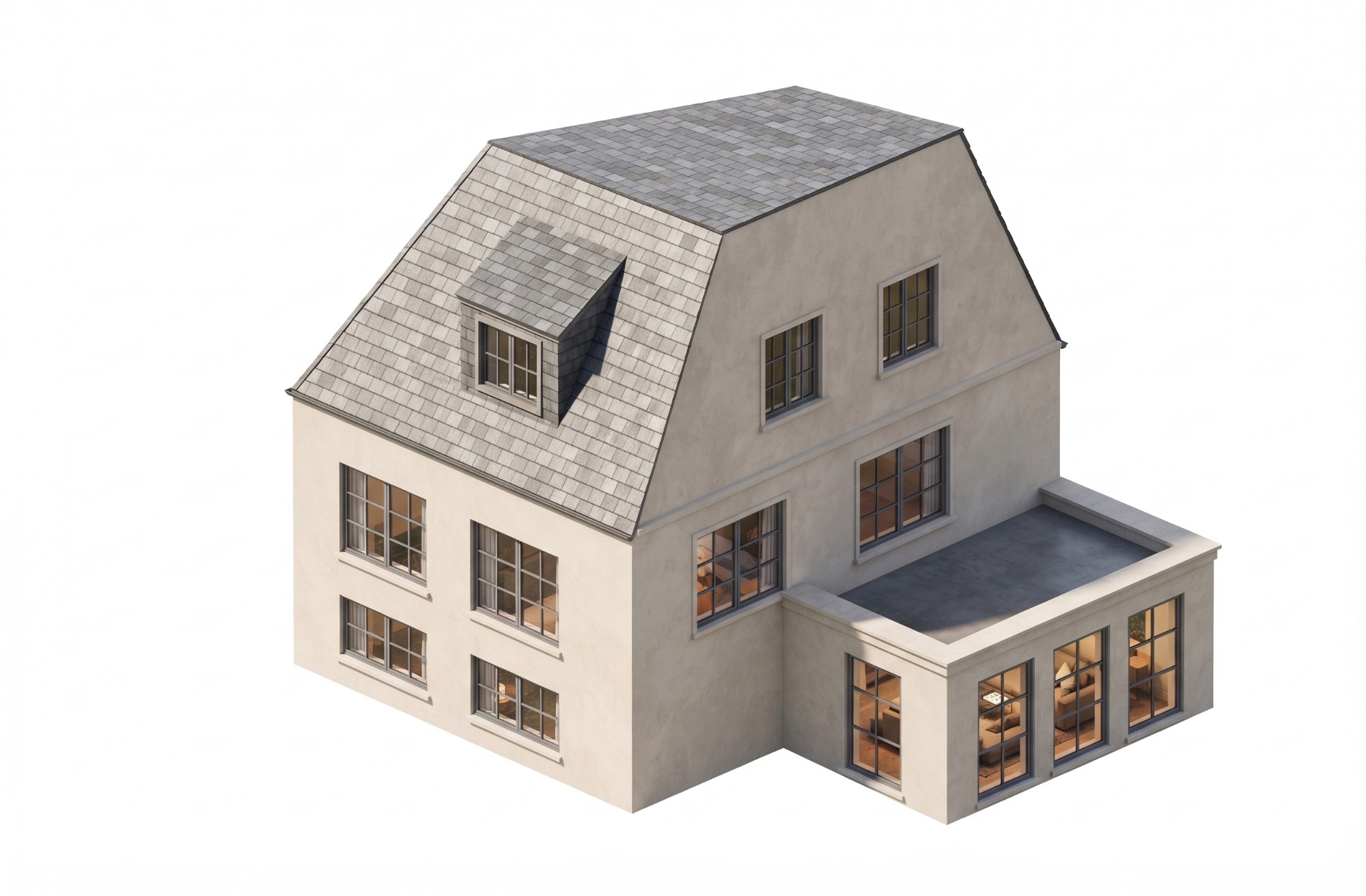 Conceptrender van een woning met dakkapel, hoofdvolume en uitbouw